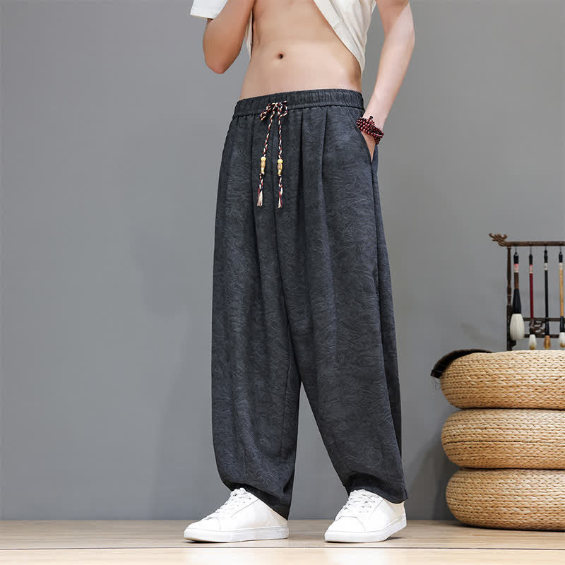 Buddha Stones Pantaloni harem da uomo estivi in ​​stile bohémien con coulisse e fantasia a fiori, con tasche. - Nero - US/UK/AU48, EU58 (6XL) - image 9