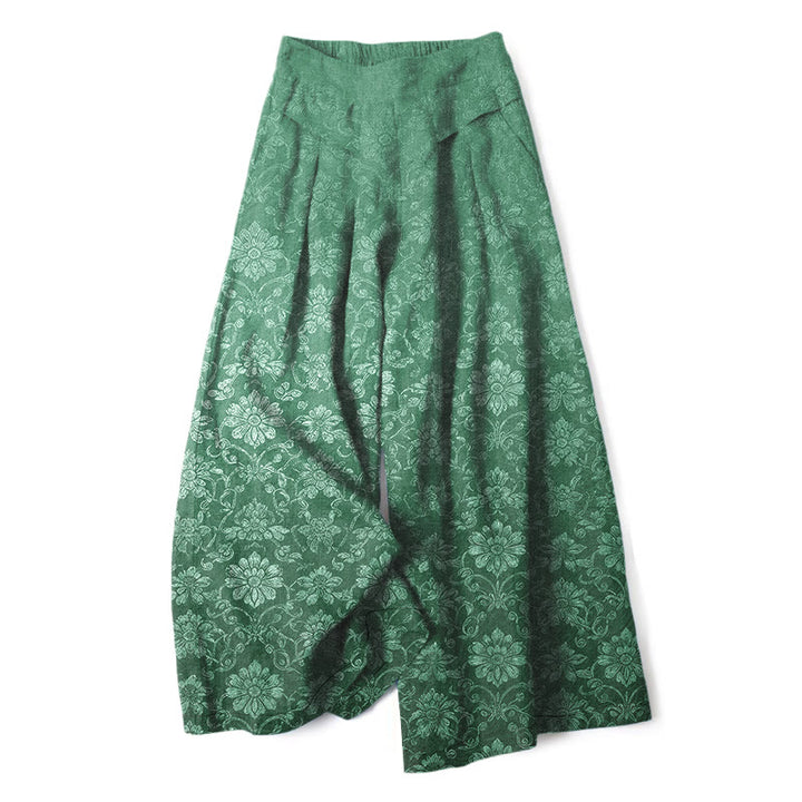 Buddha Stones Pantaloni da donna a gamba larga con elastico in vita e tasche, in cotone e lino, con fantasia floreale vintage. - Verde mare - US16, UK/AU20, EU48 (3XL) - image 6