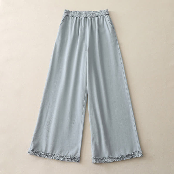 Buddha Stones Pantaloni da donna a gamba larga, in cotone tinta unita, con orlo a volant e tasche, perfetti per la primavera. - image 0