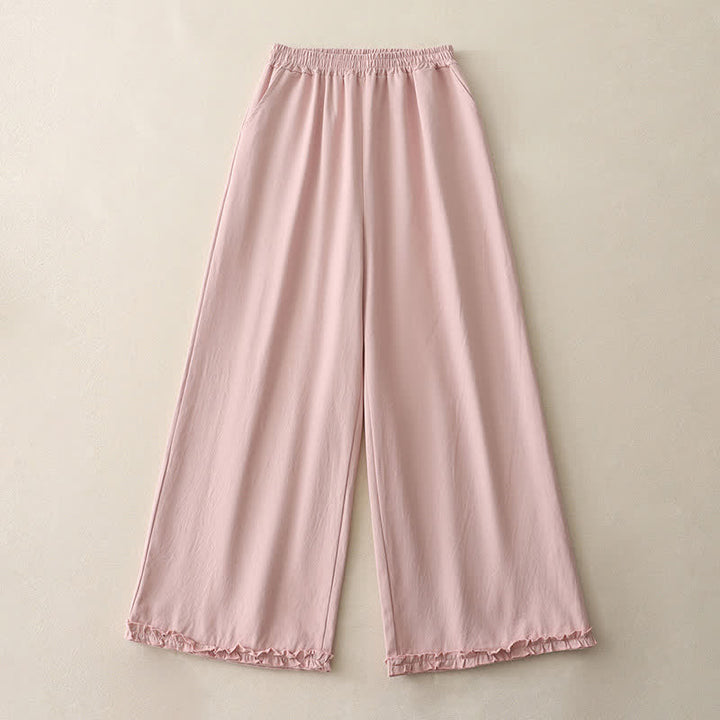 Buddha Stones Pantaloni da donna a gamba larga, in cotone tinta unita, con orlo a volant e tasche, perfetti per la primavera. - image 13