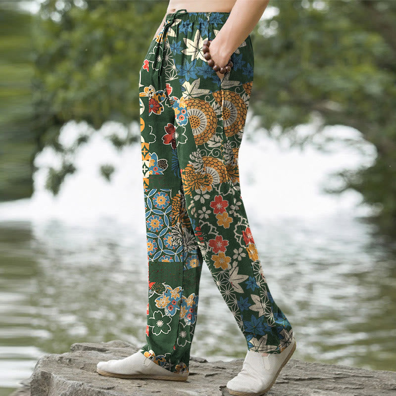 Buddha Stones Pantaloni da uomo affusolati in cotone con motivo patchwork floreale in stile bohémien e tasche. - image 5