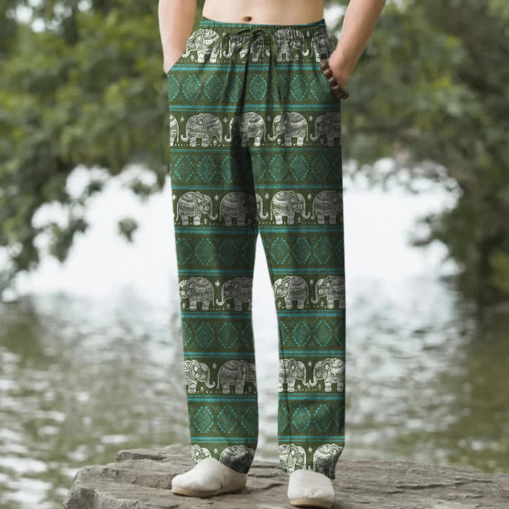 Buddha Stones Pantaloni da uomo affusolati in cotone con motivo a righe geometriche e elefante, con tasche. - Verde studentesco - US/UK/AU50, EU60 (5XL) - image 6