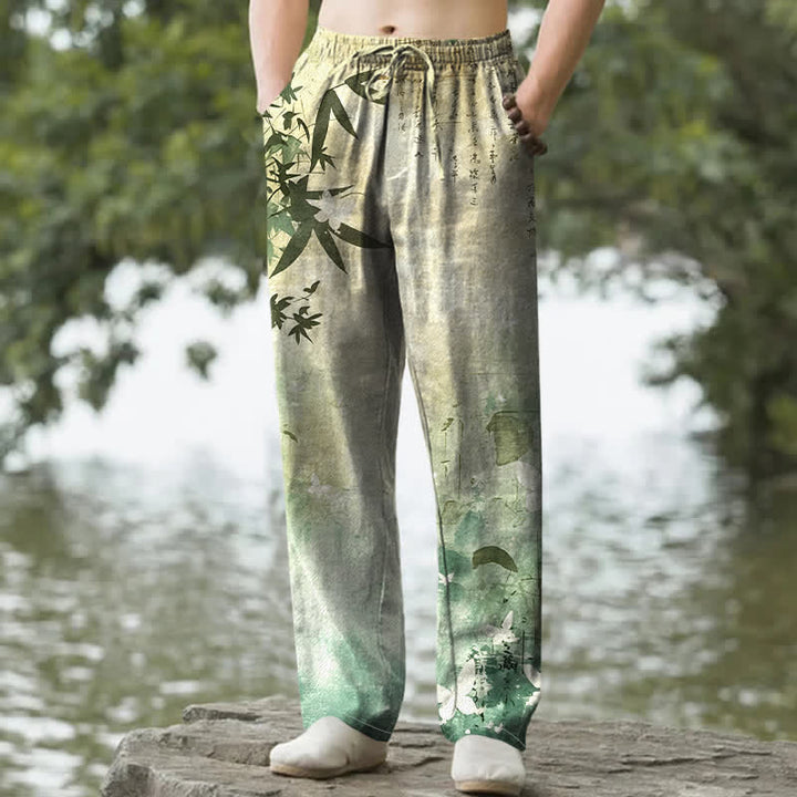 Buddha Stones Pantaloni da uomo affusolati con tasche, stampa a bambù, in cotone. - GialloVerde - US/UK/AU50, EU60 (5XL) - image 0