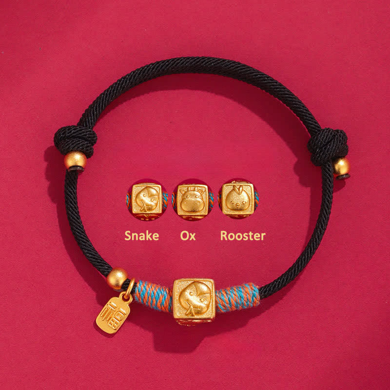 Buddha Stones Braccialetto fatto a mano con ciondoli portafortuna Fu dello zodiaco cinese, con cordino rosso. - Bracciale nero in argento 999 con serpente, bue e gallo, tre armonie. - Argento (Benedizione♥Calma) - image 12