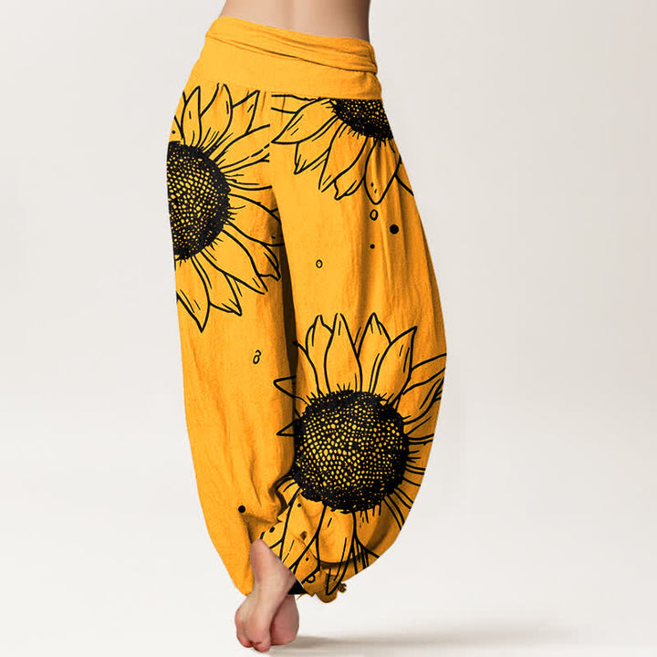 Buddha Stones Pantaloni harem da donna in puro cotone con motivo a girasoli e vita elasticizzata - image 1