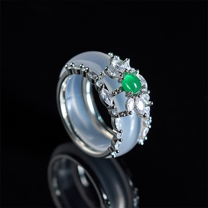 Buddha Stones Anello con fiore di calcedonio e zircone verde, positivo - Calcedonio (US 8) - image 0