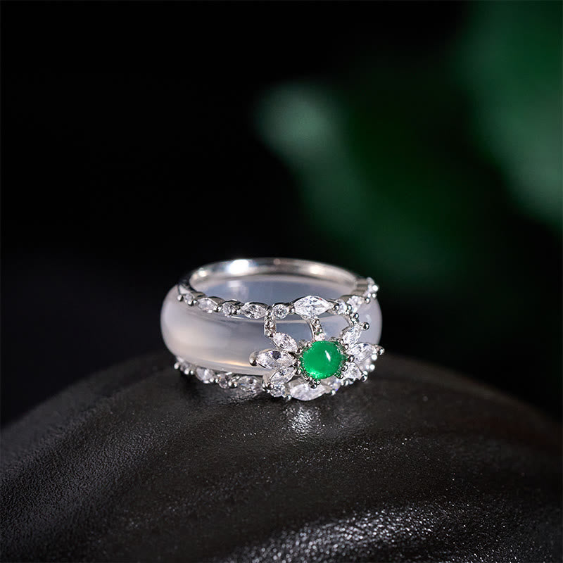 Buddha Stones Anello con fiore di calcedonio e zircone verde, positivo - image 8