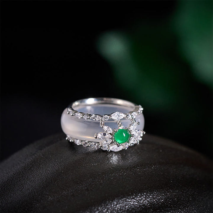 Buddha Stones Anello con fiore di calcedonio e zircone verde, positivo - image 8