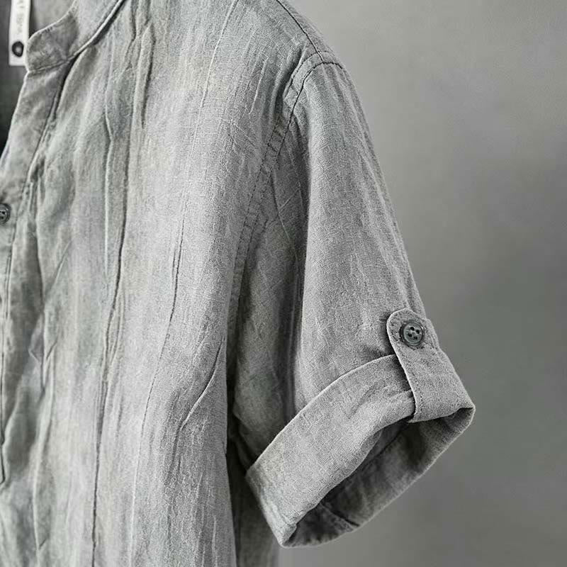 Camicia a maniche corte con bottoni a tinta unita Buddha Stones in cotone e lino per uomo - image 35