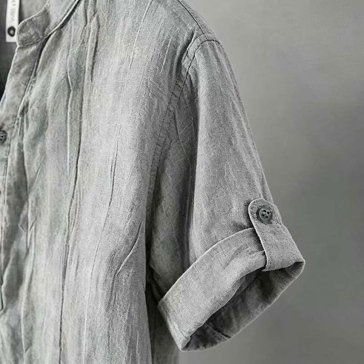 Camicia a maniche corte con bottoni a tinta unita Buddha Stones in cotone e lino per uomo - image 35
