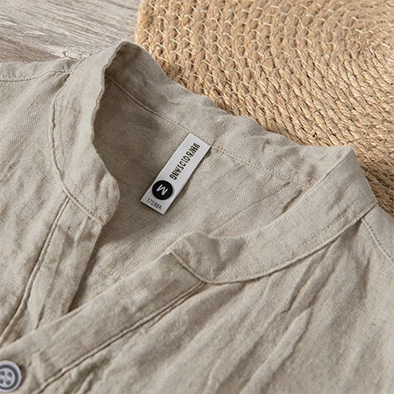 Camicia a maniche corte con bottoni a tinta unita Buddha Stones in cotone e lino per uomo - image 47