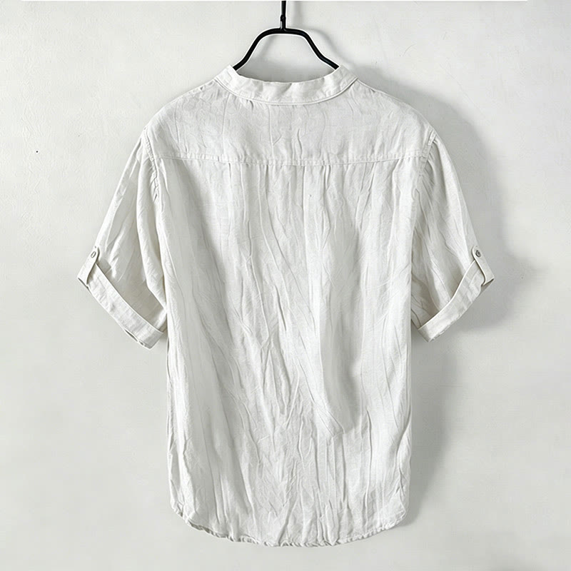 Camicia a maniche corte con bottoni a tinta unita Buddha Stones in cotone e lino per uomo - image 39