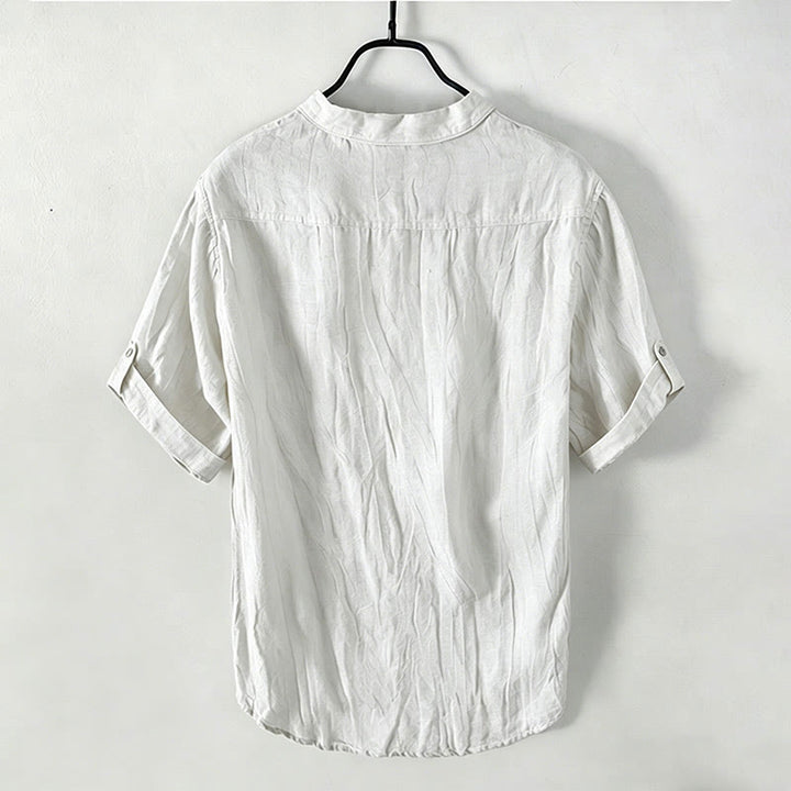 Camicia a maniche corte con bottoni a tinta unita Buddha Stones in cotone e lino per uomo - image 39