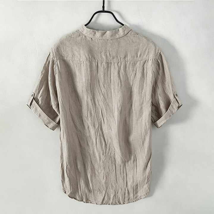 Camicia a maniche corte con bottoni a tinta unita Buddha Stones in cotone e lino per uomo - image 46
