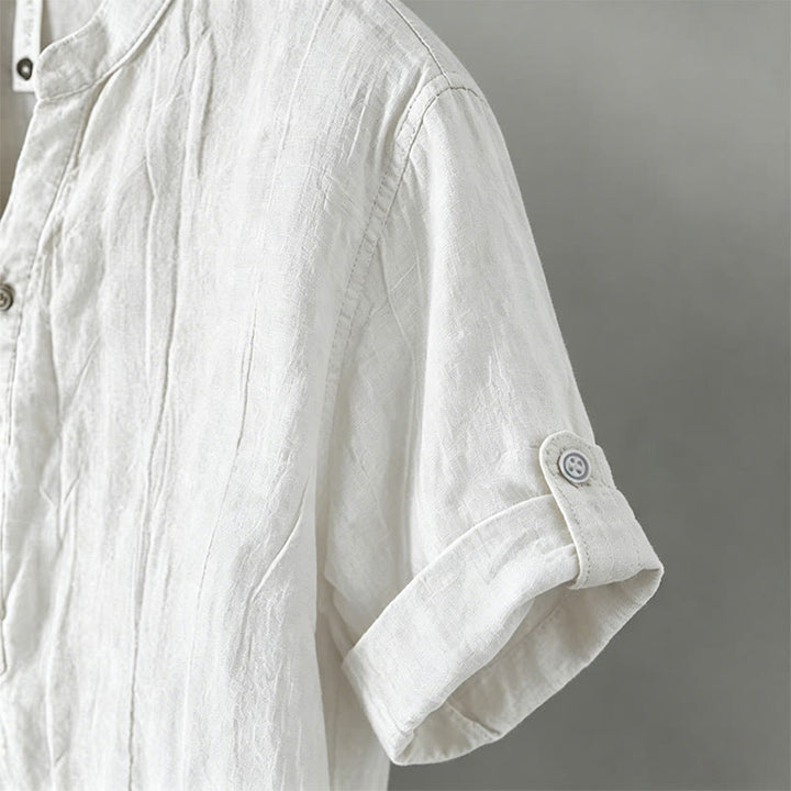 Camicia a maniche corte con bottoni a tinta unita Buddha Stones in cotone e lino per uomo - image 42