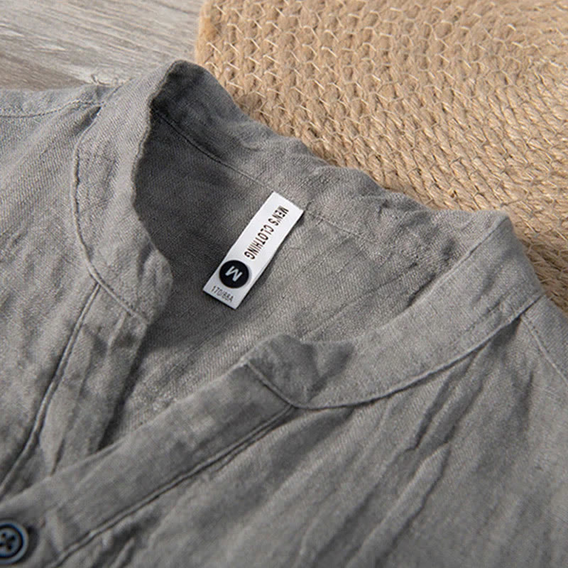 Camicia a maniche corte con bottoni a tinta unita Buddha Stones in cotone e lino per uomo - image 33