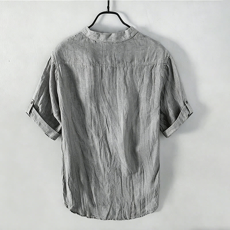 Camicia a maniche corte con bottoni a tinta unita Buddha Stones in cotone e lino per uomo - image 32