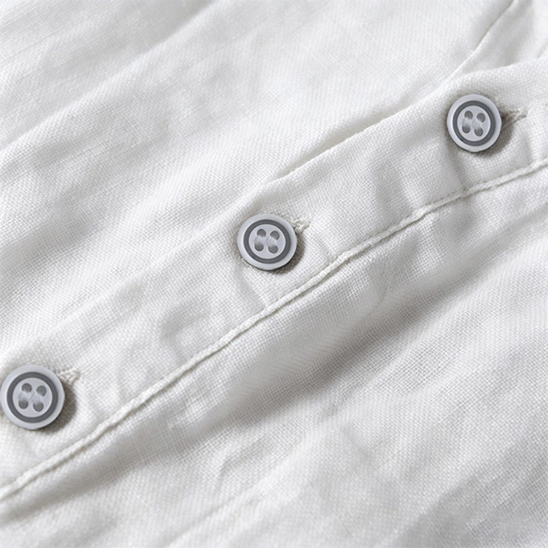 Camicia a maniche corte con bottoni a tinta unita Buddha Stones in cotone e lino per uomo - image 41