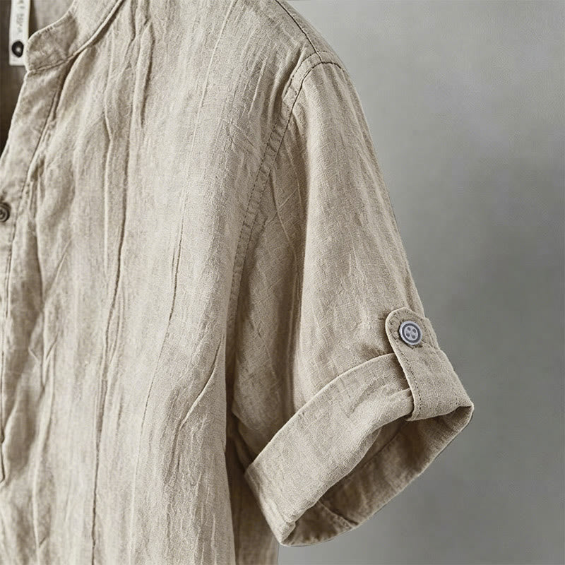 Camicia a maniche corte con bottoni a tinta unita Buddha Stones in cotone e lino per uomo - image 49