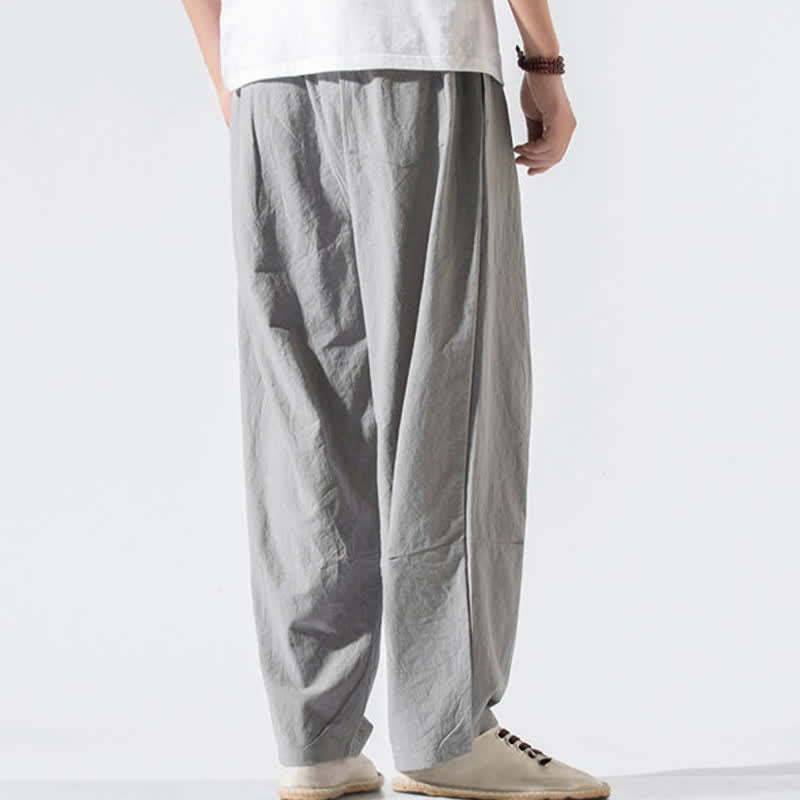 Buddha Stones Pantaloni lunghi estivi casual minimalisti da uomo con coulisse e elastico in vita, tinta unita, modello harem con tasche. - image 4