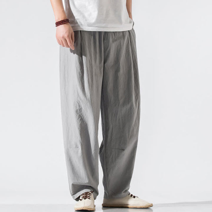 Buddha Stones Pantaloni lunghi estivi casual minimalisti da uomo con coulisse e elastico in vita, tinta unita, modello harem con tasche. - image 2