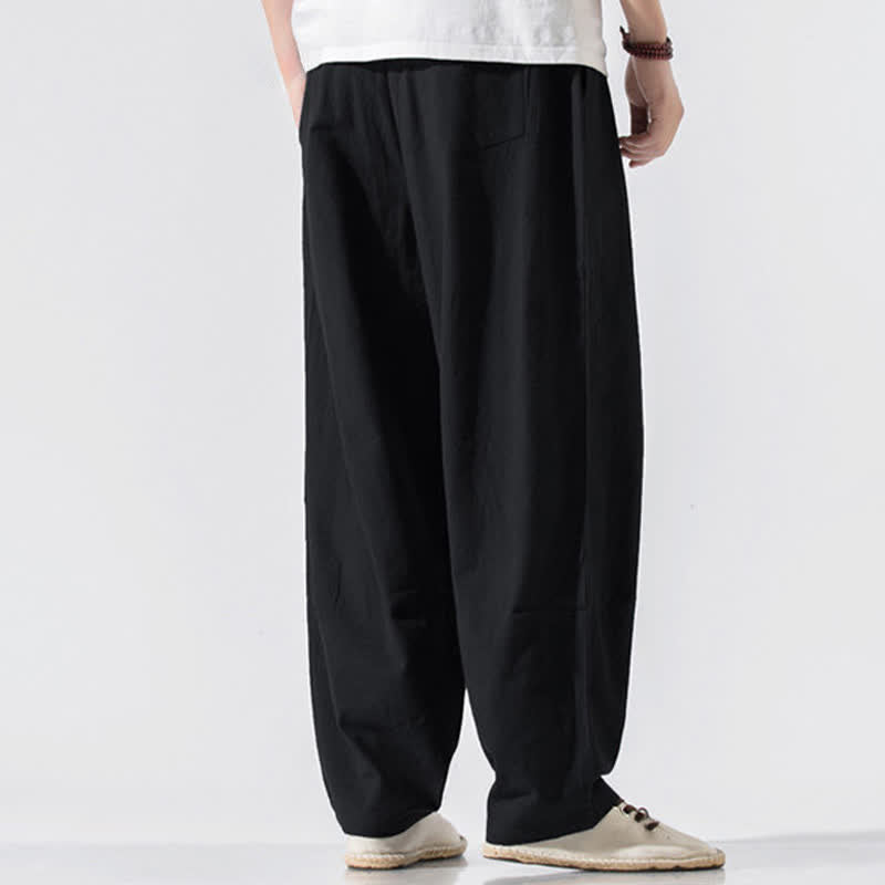 Buddha Stones Pantaloni lunghi estivi casual minimalisti da uomo con coulisse e elastico in vita, tinta unita, modello harem con tasche. - image 11