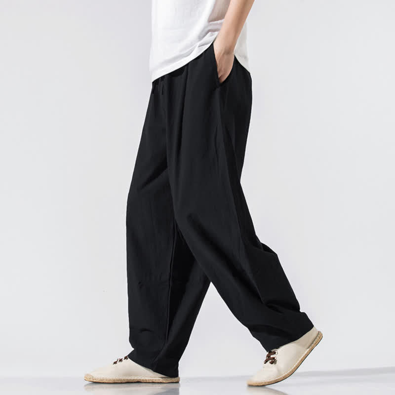 Buddha Stones Pantaloni lunghi estivi casual minimalisti da uomo con coulisse e elastico in vita, tinta unita, modello harem con tasche. - image 13