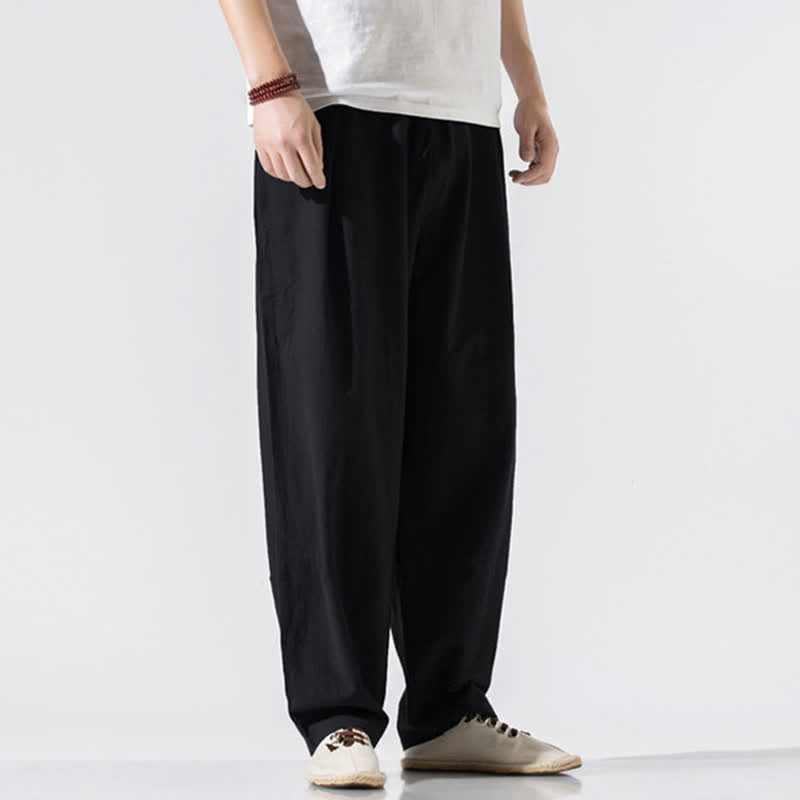 Buddha Stones Pantaloni lunghi estivi casual minimalisti da uomo con coulisse e elastico in vita, tinta unita, modello harem con tasche. - image 9