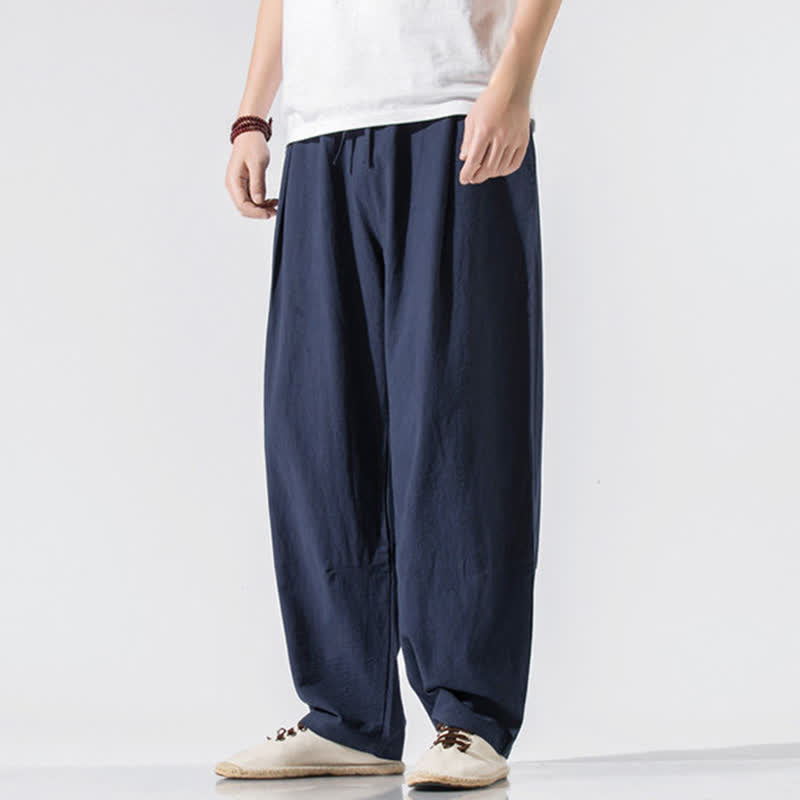 Buddha Stones Pantaloni lunghi estivi casual minimalisti da uomo con coulisse e elastico in vita, tinta unita, modello harem con tasche. - Blu notte - US/UK/AU46, EU56 (5XL) - image 14