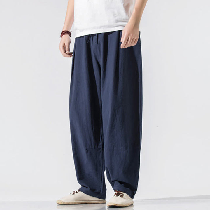 Buddha Stones Pantaloni lunghi estivi casual minimalisti da uomo con coulisse e elastico in vita, tinta unita, modello harem con tasche. - Blu notte - US/UK/AU46, EU56 (5XL) - image 14