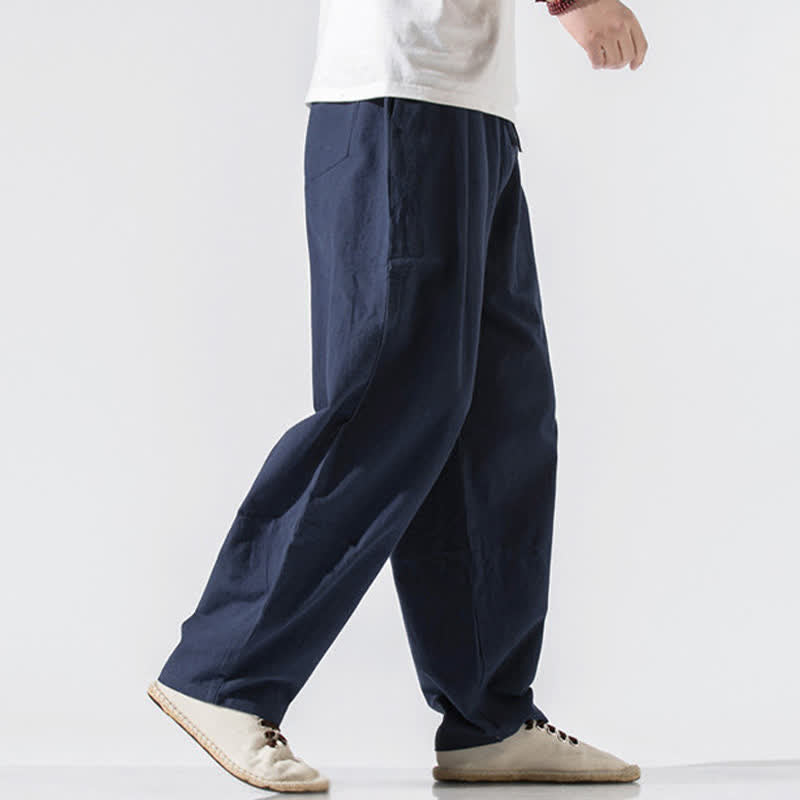 Buddha Stones Pantaloni lunghi estivi casual minimalisti da uomo con coulisse e elastico in vita, tinta unita, modello harem con tasche. - image 18