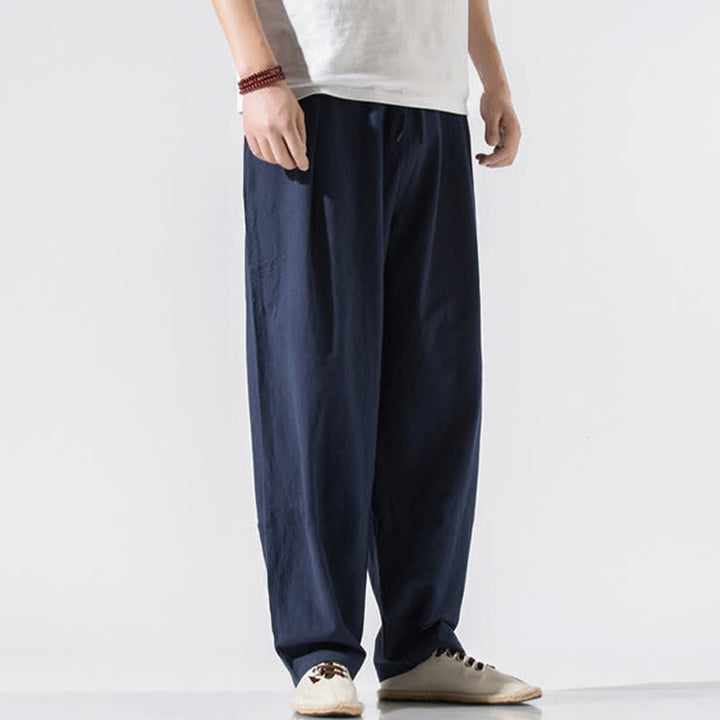 Buddha Stones Pantaloni lunghi estivi casual minimalisti da uomo con coulisse e elastico in vita, tinta unita, modello harem con tasche. - image 16