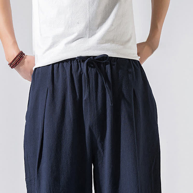 Buddha Stones Pantaloni lunghi estivi casual minimalisti da uomo con coulisse e elastico in vita, tinta unita, modello harem con tasche. - image 20