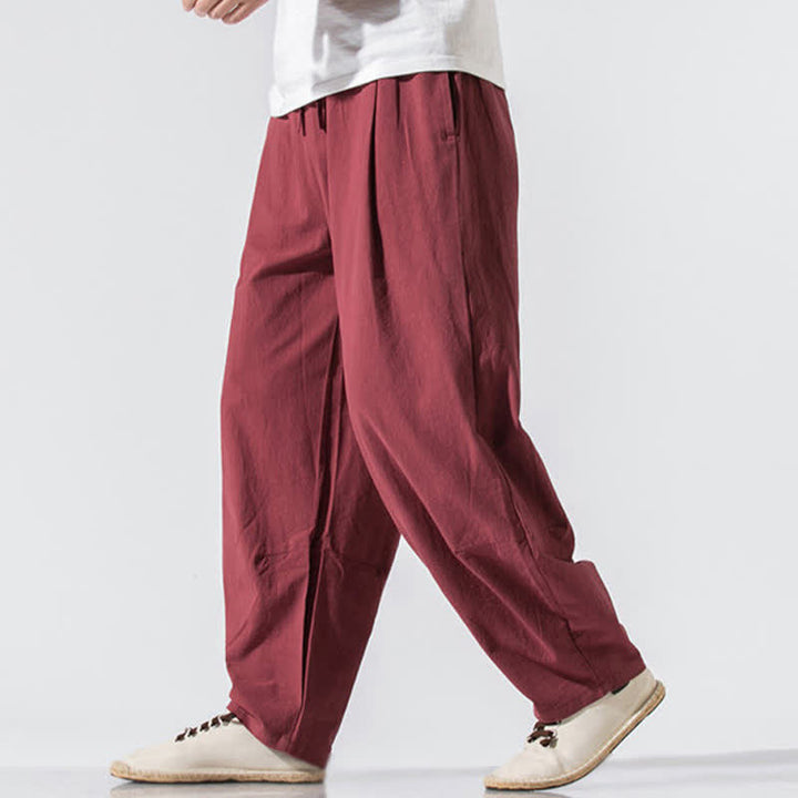 Buddha Stones Pantaloni lunghi estivi casual minimalisti da uomo con coulisse e elastico in vita, tinta unita, modello harem con tasche. - image 27