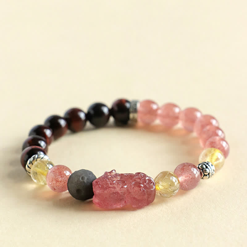 Buddha Stones Bracciale per coppie Pixiu Love intagliato a mano con quarzo fragola e ossidiana con riflessi argentati. - image 3