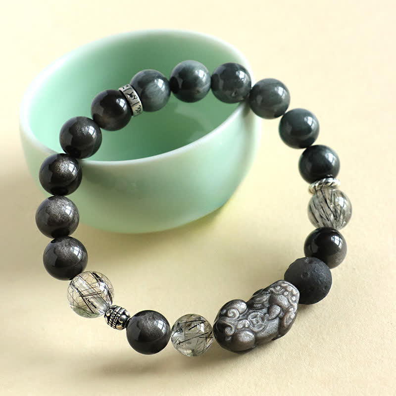 Buddha Stones Bracciale per coppie Pixiu Love intagliato a mano con quarzo fragola e ossidiana con riflessi argentati. - image 2
