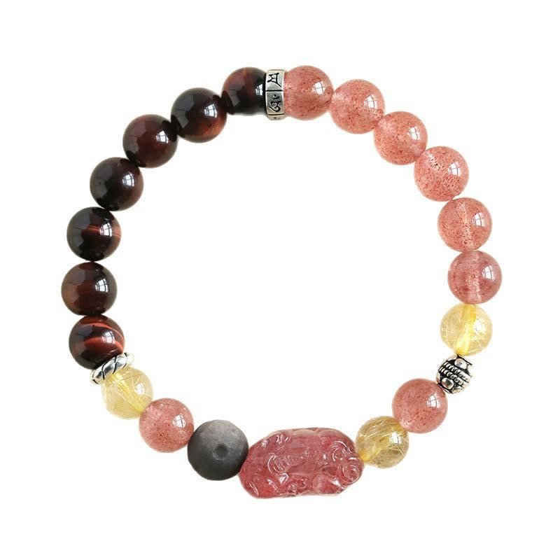 Buddha Stones Bracciale per coppie Pixiu Love intagliato a mano con quarzo fragola e ossidiana con riflessi argentati. - image 9