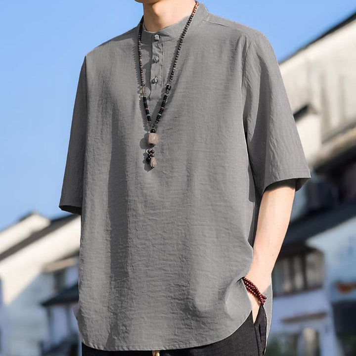 Buddha Stones Camicia da uomo estiva casual a maniche corte con colletto alla coreana e tre bottoni, tinta unita. - image 20