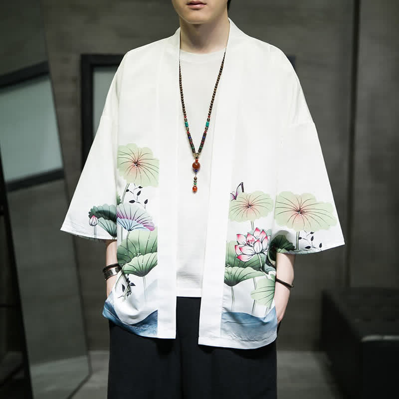 Buddha Stones Kimono da uomo estivo casual con stampa di foglie di loto, farfalle e gru, aperto sul davanti. - Bianco - US/UK/AU46, EU56 (5XL) - image 0