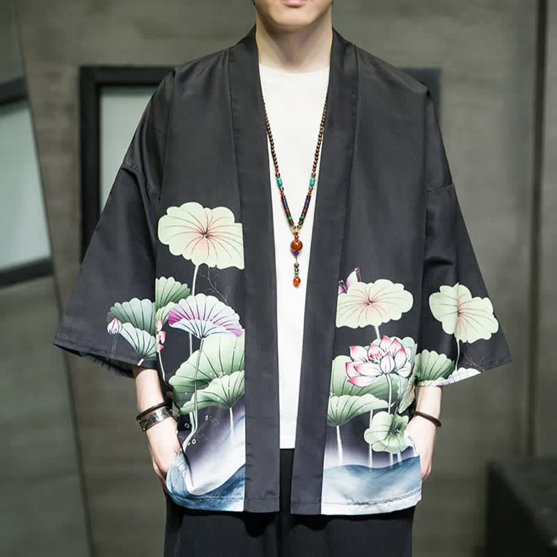 Buddha Stones Kimono da uomo estivo casual con stampa di foglie di loto, farfalle e gru, aperto sul davanti. - Nero - US/UK/AU46, EU56 (5XL) - image 12