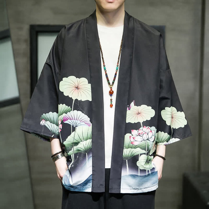 Buddha Stones Kimono da uomo estivo casual con stampa di foglie di loto, farfalle e gru, aperto sul davanti. - Nero - US/UK/AU46, EU56 (5XL) - image 12