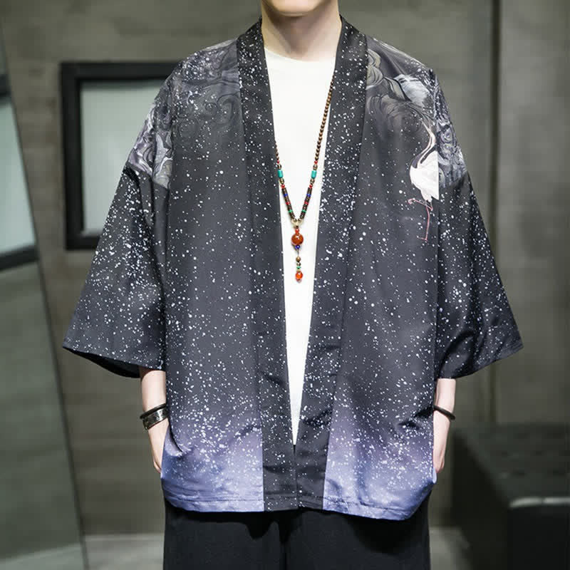 Buddha Stones Kimono da uomo estivo casual con stampa di foglie di loto, farfalle e gru, aperto sul davanti. - Blu ardesia scuro - US/UK/AU46, EU56 (5XL) - image 24