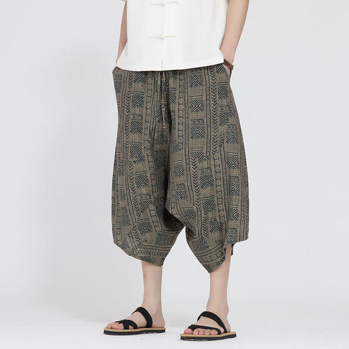 Buddha Stones Pantaloni Capri da uomo estivi in ​​stile boho casual con elastico in vita e fantasia floreale geometrica, modello harem. - Tan - US/UK/AU46, EU56 (5XL) - image 0