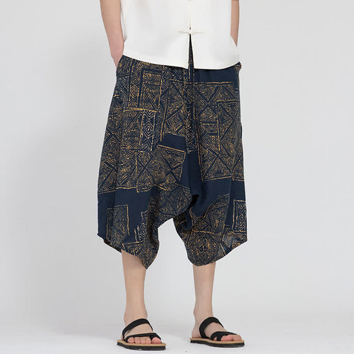 Buddha Stones Pantaloni Capri da uomo estivi in ​​stile boho casual con elastico in vita e fantasia floreale geometrica, modello harem. - SteelBlue - US/UK/AU46, EU56 (5XL) - image 14