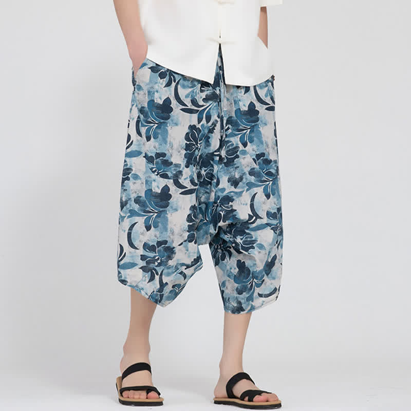 Buddha Stones Pantaloni Capri da uomo estivi in ​​stile boho casual con elastico in vita e fantasia floreale geometrica, modello harem. - Azzurro chiaro - US/UK/AU46, EU56 (5XL) - image 29