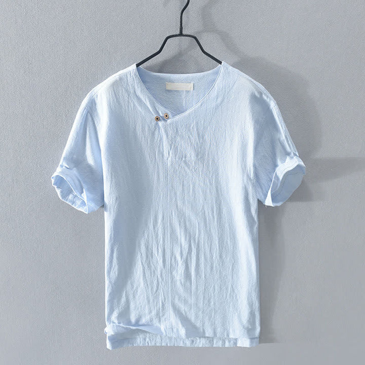 Buddha Stones Camicia da uomo estiva casual asimmetrica a maniche corte con scollo a V e bottoni. - Azzurro cielo chiaro - US/UK/AU42, EU52 (3XL) - image 4