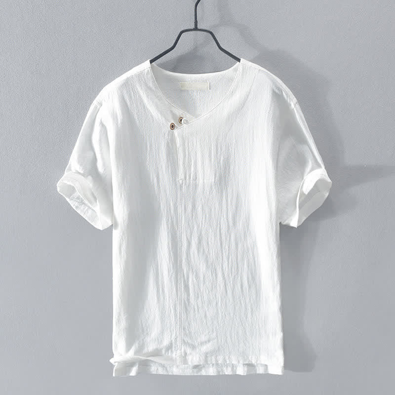 Buddha Stones Camicia da uomo estiva casual asimmetrica a maniche corte con scollo a V e bottoni. - Bianco - US/UK/AU42, EU52 (3XL) - image 12