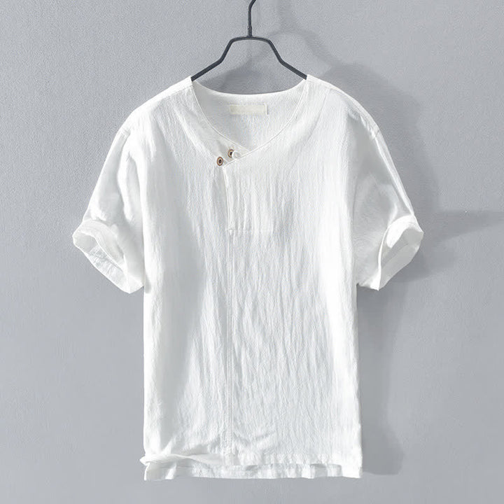 Buddha Stones Camicia da uomo estiva casual asimmetrica a maniche corte con scollo a V e bottoni. - Bianco - US/UK/AU42, EU52 (3XL) - image 12