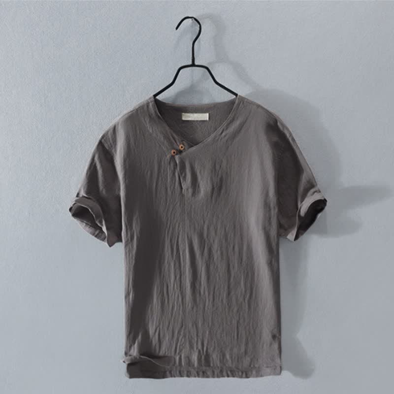 Buddha Stones Camicia da uomo estiva casual asimmetrica a maniche corte con scollo a V e bottoni. - Grigio tenue - US/UK/AU42, EU52 (3XL) - image 0