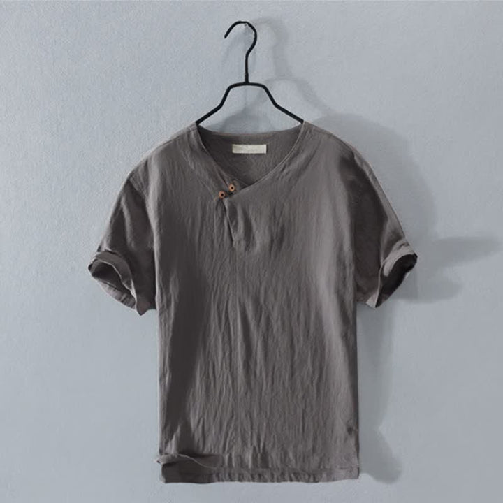 Buddha Stones Camicia da uomo estiva casual asimmetrica a maniche corte con scollo a V e bottoni. - Grigio tenue - US/UK/AU42, EU52 (3XL) - image 0